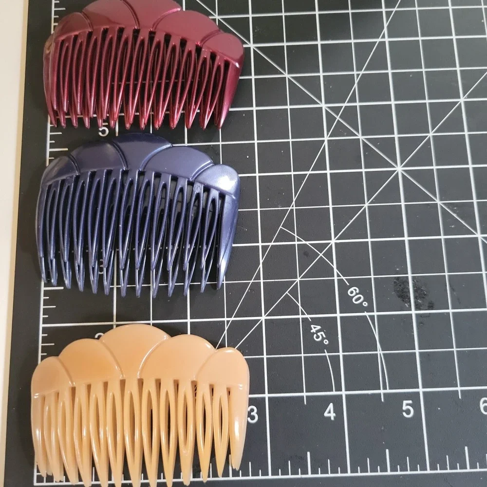 Depose French Hair Side Combs Set of 6 Scalloped‎ Plastic Burgandy Blue Tan